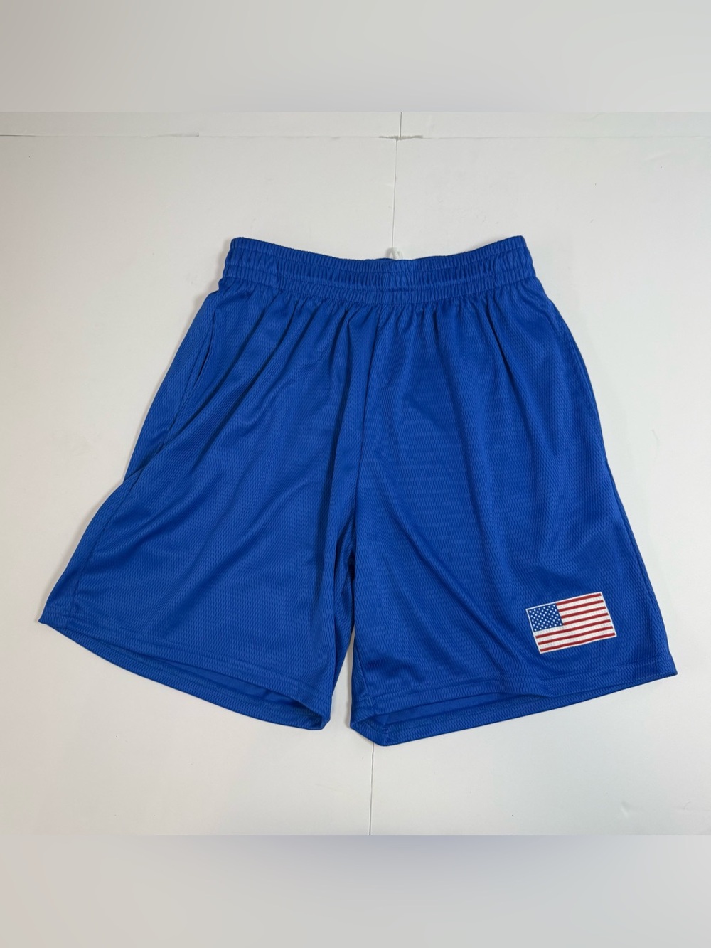 Vintage Men's Blue Athletic Shorts American Flag Patch USA hockey Fourth of July